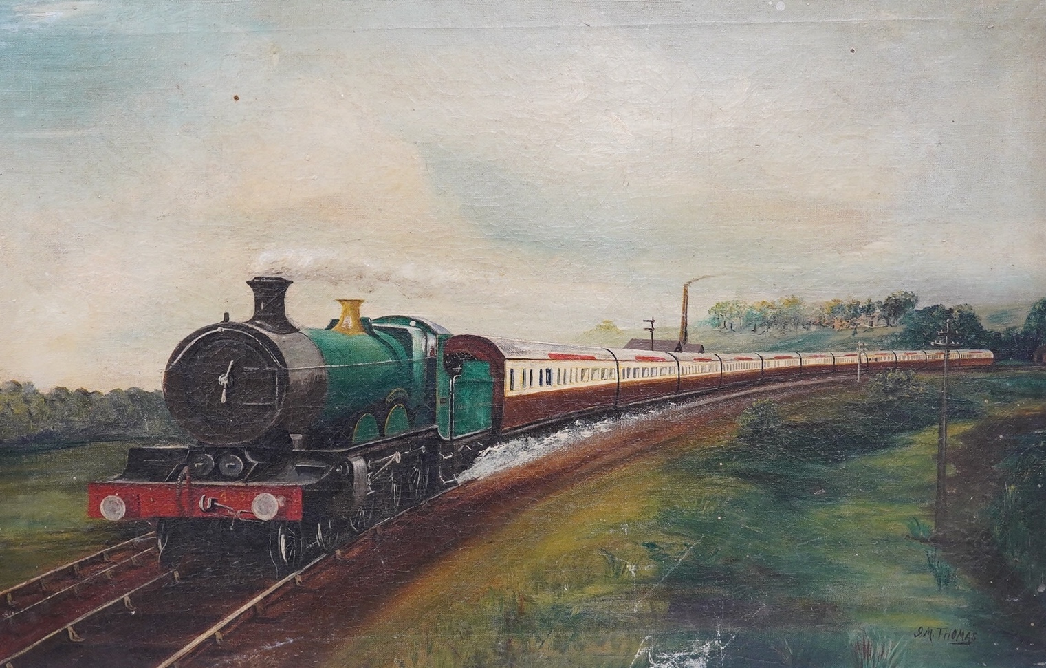 J.M. Thomas, oil on canvas, 20th century English School, Study of a Steam engine locomotive, 40 x 61cm, unframed. Condition - poor to fair